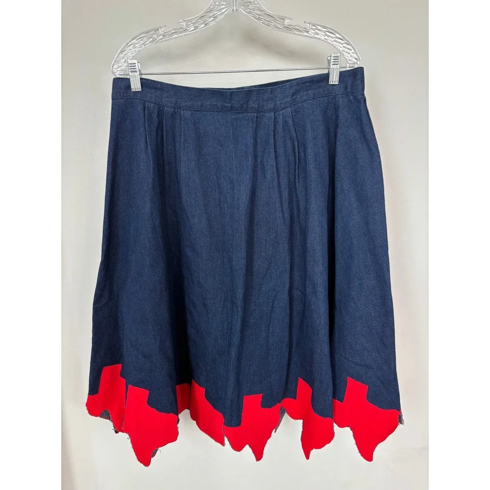 American Legends Vintage Denim Texas Applique Midi Skirt Blue Red Size 16 USA